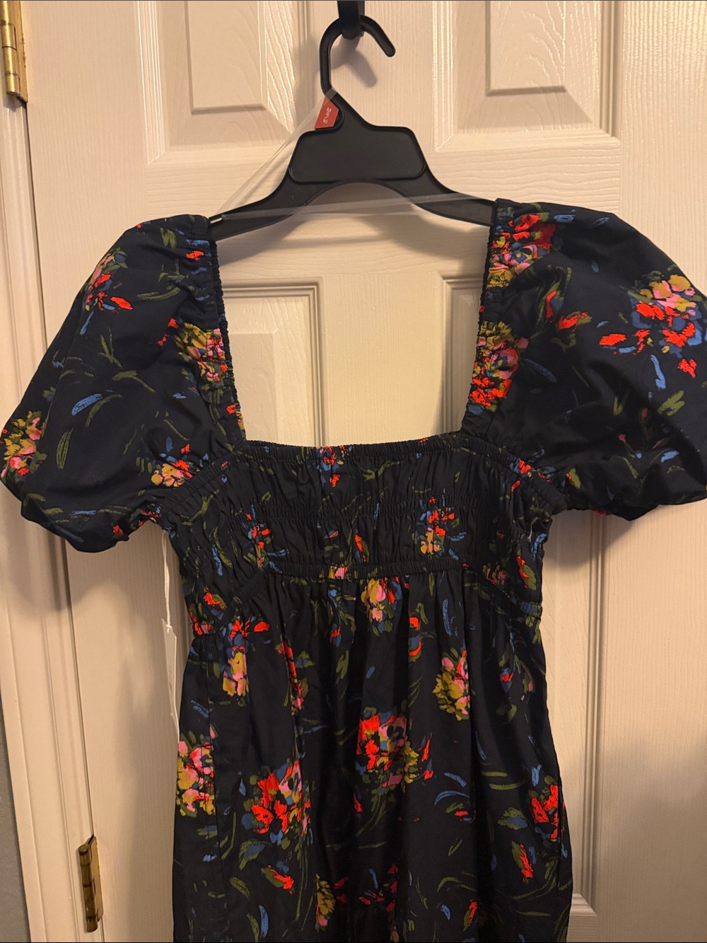 Navy Floral Square-Neck Mini Dress with Smocked Bodice - Picture 10 of 16